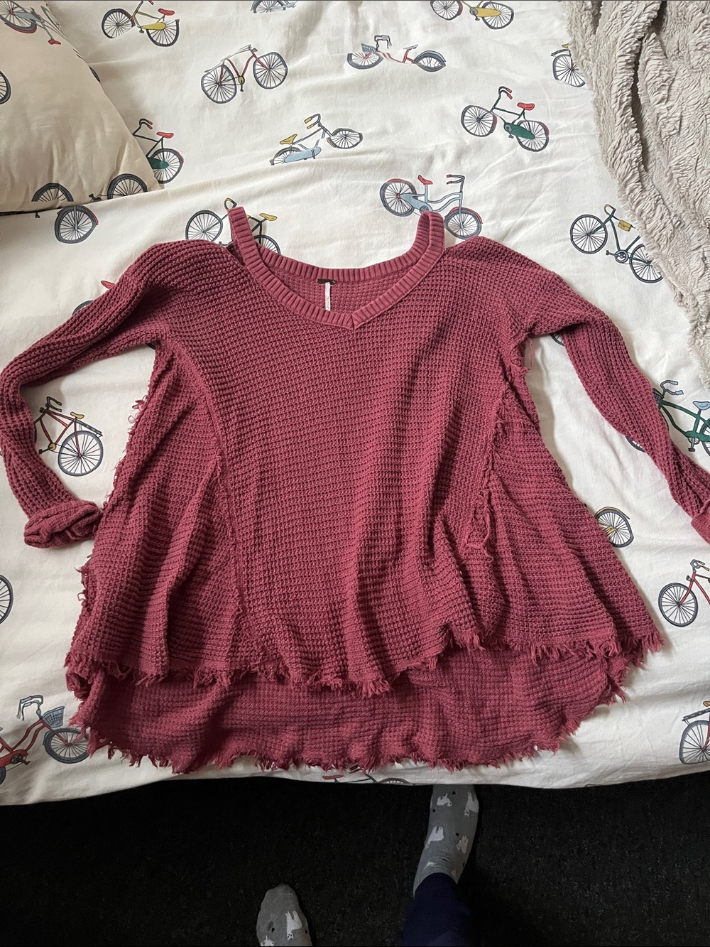 Free People Berry Waffle Knit V-Neck Off the Shoulder Sweater